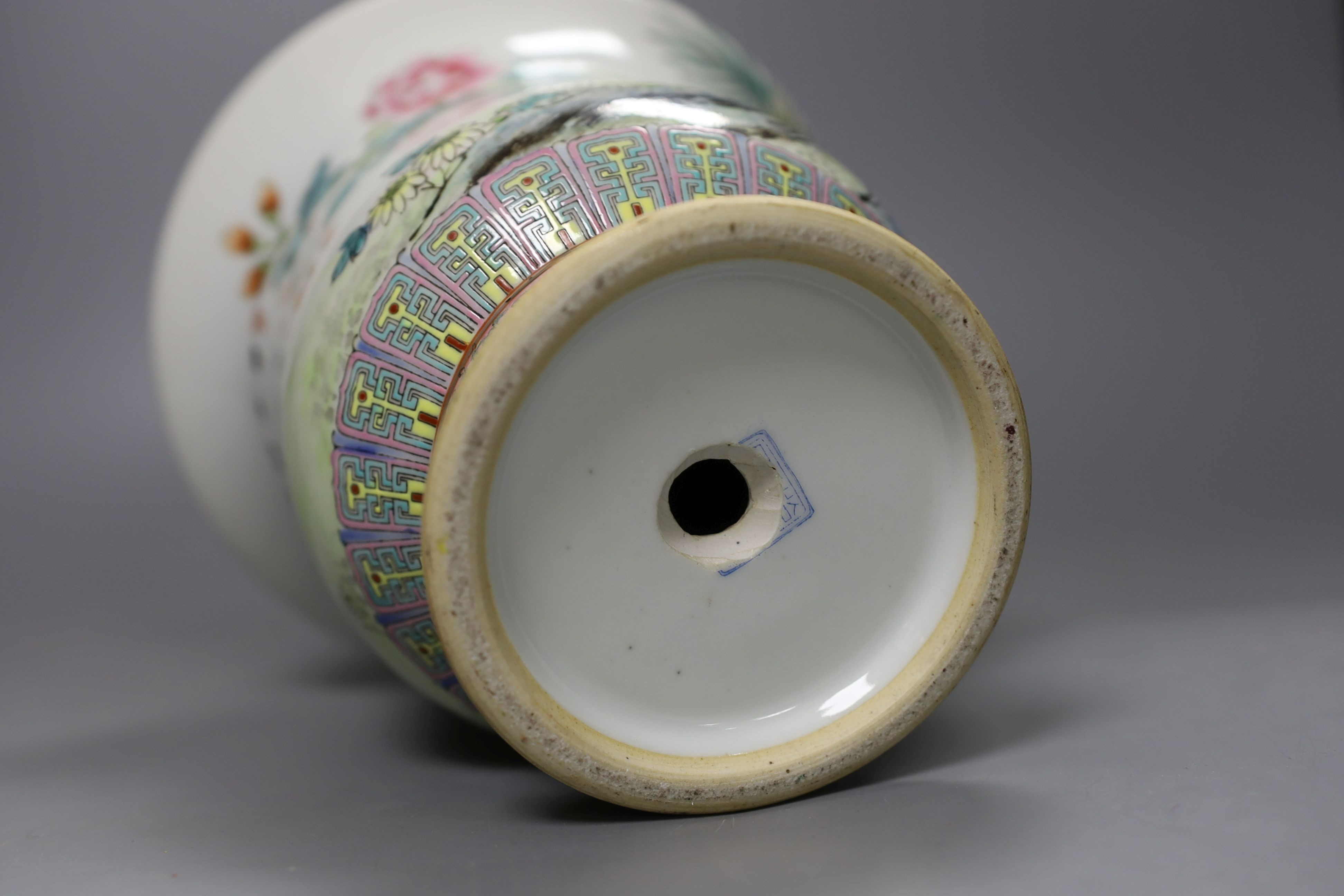 A Chinese famille rose vase, 20th century with drilled base mark - 33cm tall